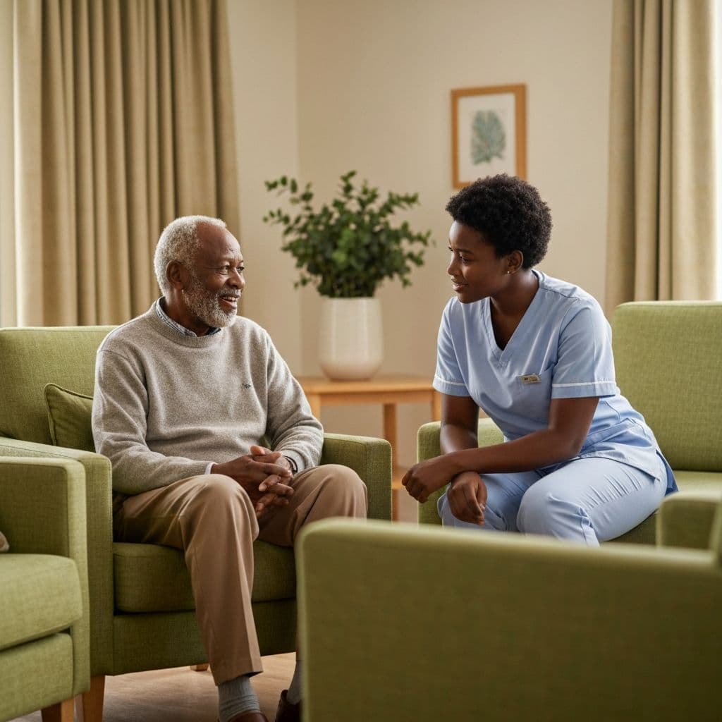 Elderly person receiving supportive companionship from a professional carer